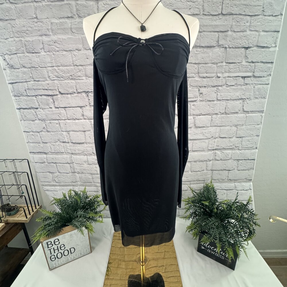 Black Mesh Overlay Sheer Sleeve Tie Bust Criss Cross Back Mini Dress M
